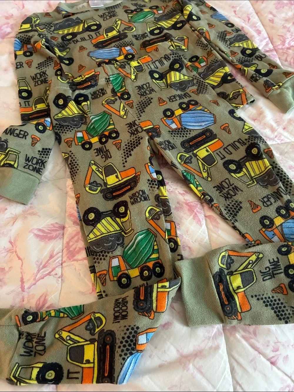Olive Green Construction Vehicles Pajama Set